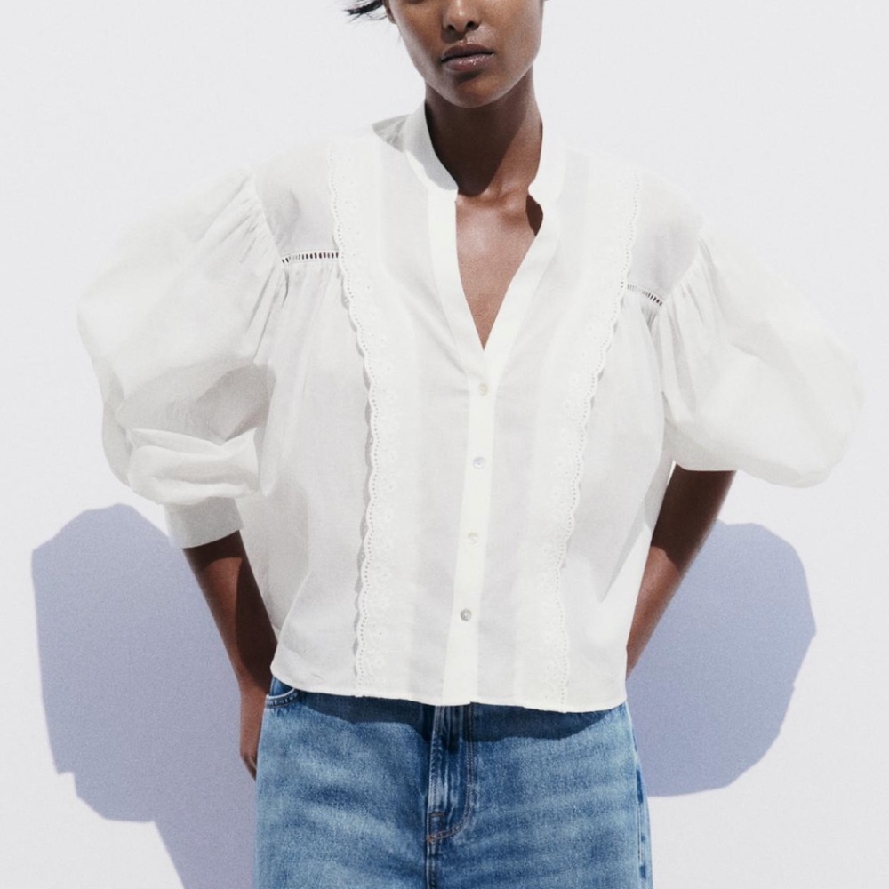 NWT Zara "RUFFLED LACE INSERT SHIRT" in White